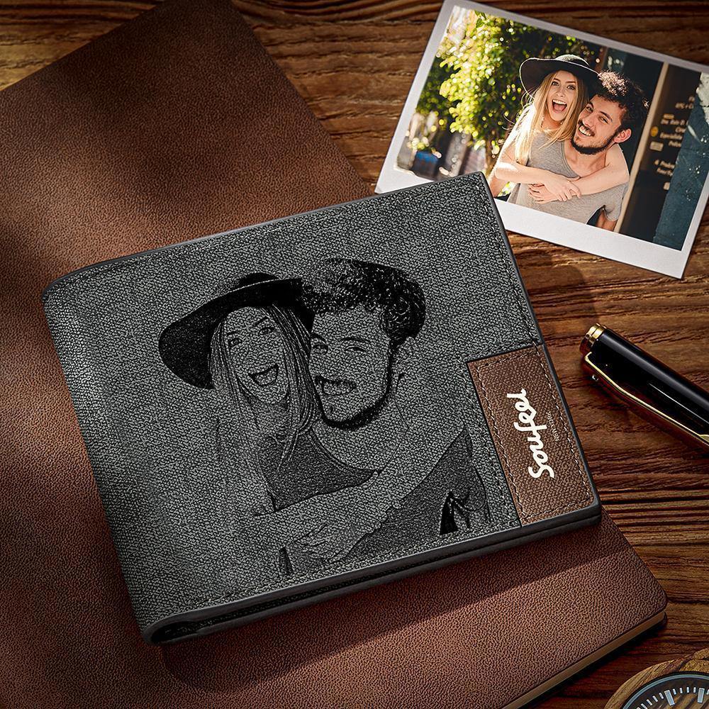 Men's Bifold Custom Inscription Photo Engraved Wallet - Grey Leather - yournamenecklace