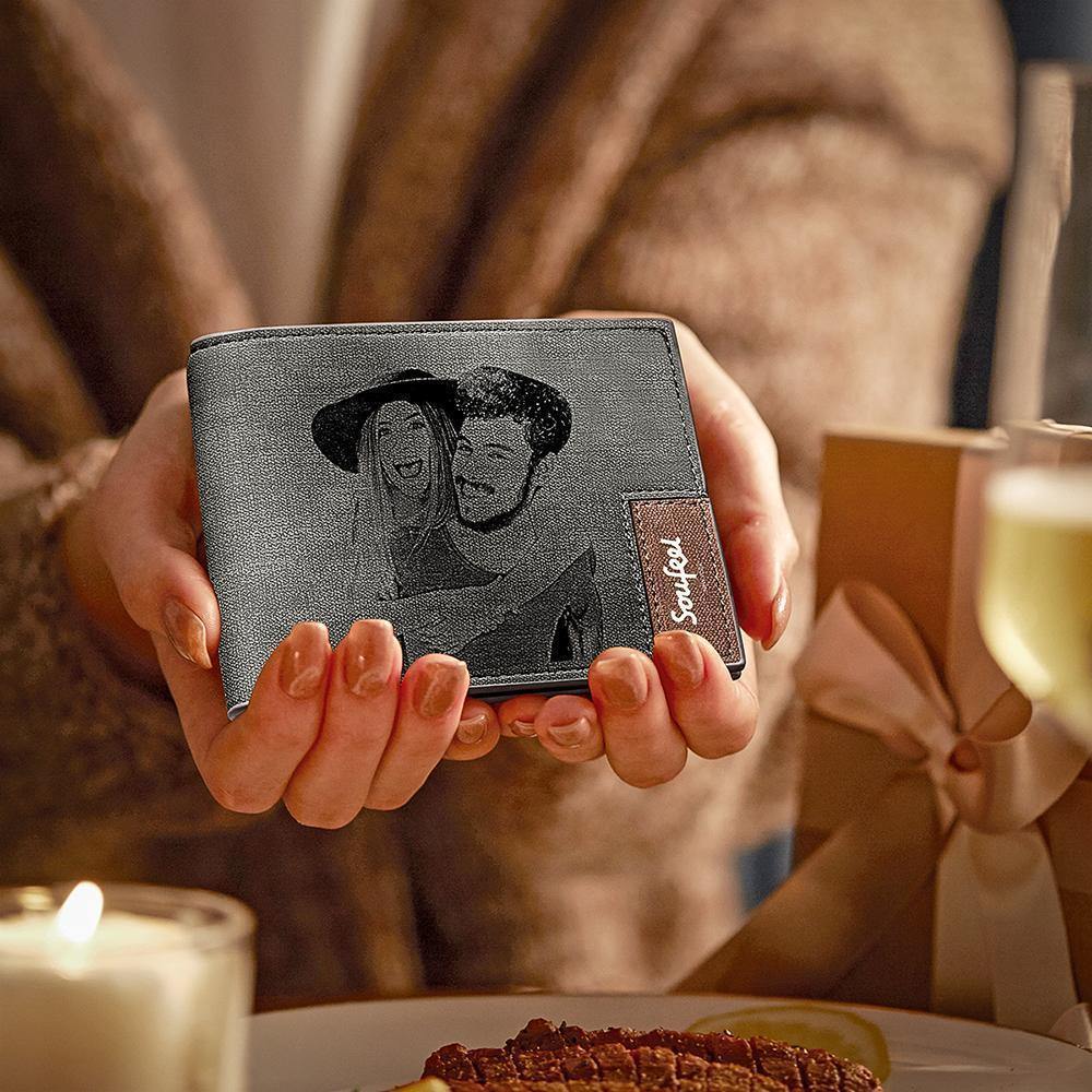 Men's Bifold Custom Inscription Photo Engraved Wallet - Grey Leather - yournamenecklace