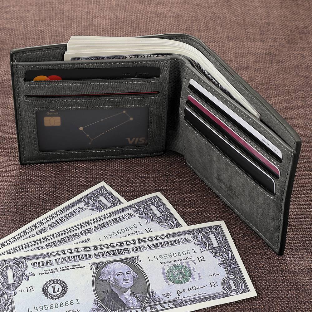 Men's Bifold Custom Inscription Photo Engraved Wallet - Grey Leather - yournamenecklace