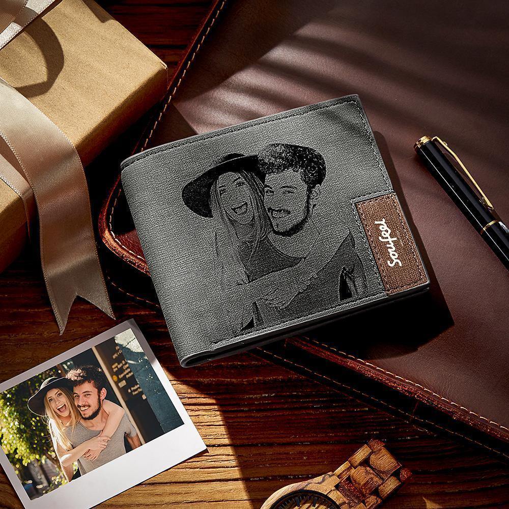 Men's Bifold Custom Inscription Photo Engraved Wallet - Grey Leather - yournamenecklace