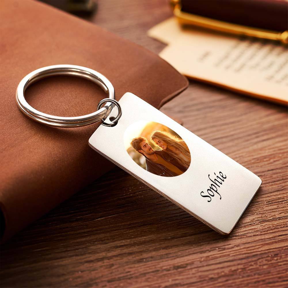 Custom Photo Keychain With Text Couple Gift Idea Black and White Filter - yournamenecklaceau
