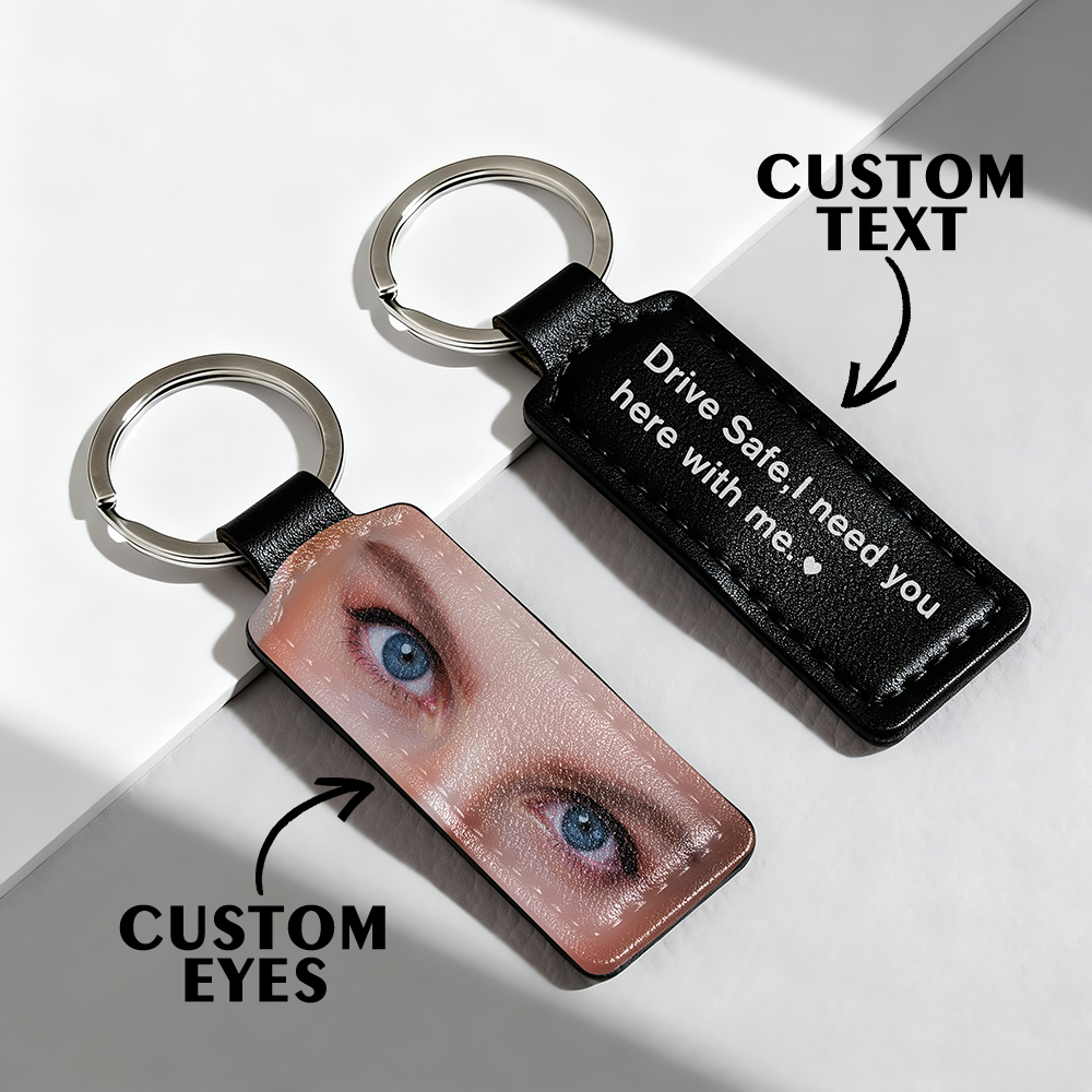 Custom Eyes Keychain Personalized Photo Leather Keyring Drive Safe Keychian for Boyfriend Anniversary Valentine's Day Gift