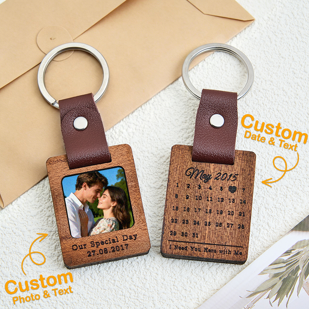 Personalized Photo Calendar Wood Keyring Custom Wooden Picture Calendar Keychain Fifth Anniversary Gifts for Him Her - NameNecklaceAU