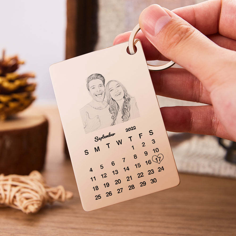 Custom Photo Engraved Keychain Calendar Keychain Personalized Keychain Wedding Anniversary Gift - yournamenecklaceau