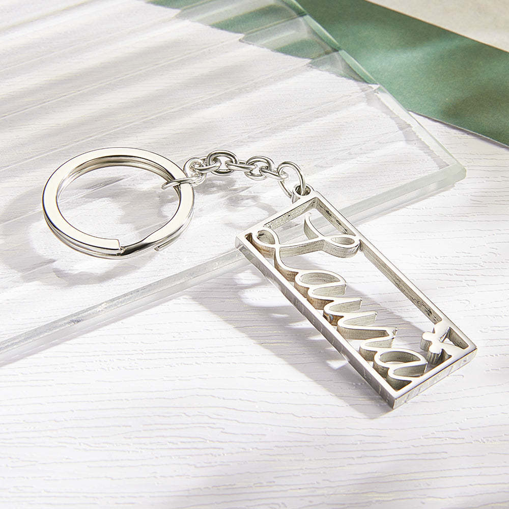 Personalized Name Rectangle Border Keychain Custom Text Stainless Steel  Key Holder Creative Gifts for Him - yournamenecklaceau