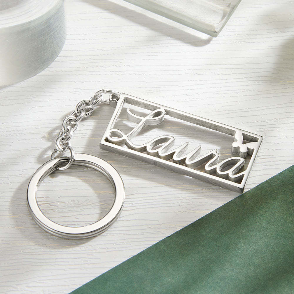 Personalized Name Rectangle Border Keychain Custom Text Stainless Steel  Key Holder Creative Gifts for Him - yournamenecklaceau