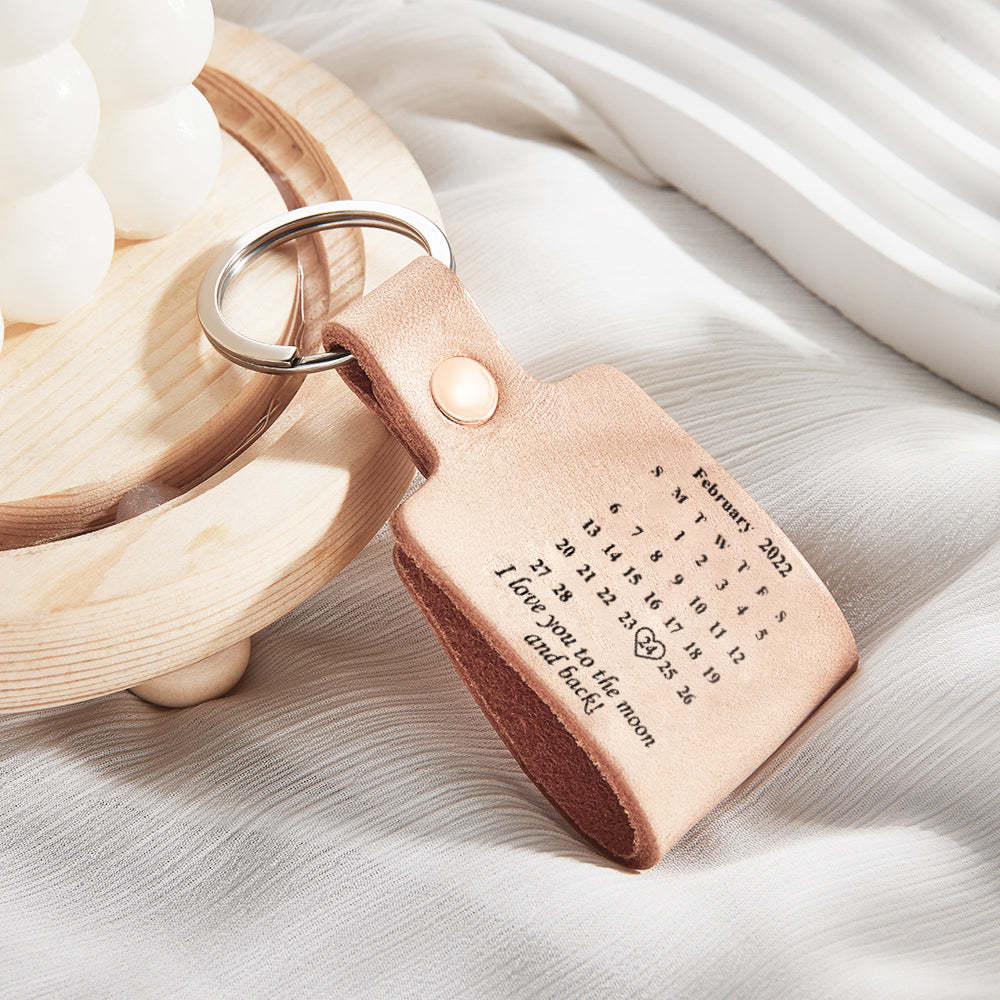 Personalized Calendar Leather Keychain Custom Engraved Date Elegant Keyring Anniversary Gift - yournamenecklaceau