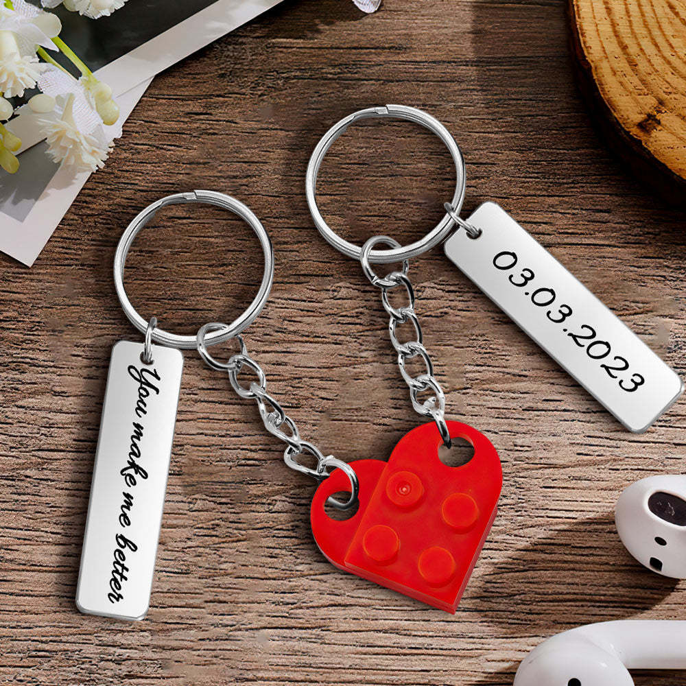 Personalized Text Matching Couples Love Heart Bricks Keychain for Couples - yournamenecklaceau
