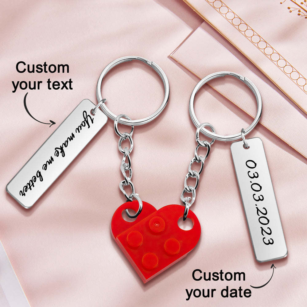 Personalized Text Matching Couples Love Heart Bricks Keychain for Couples - yournamenecklaceau
