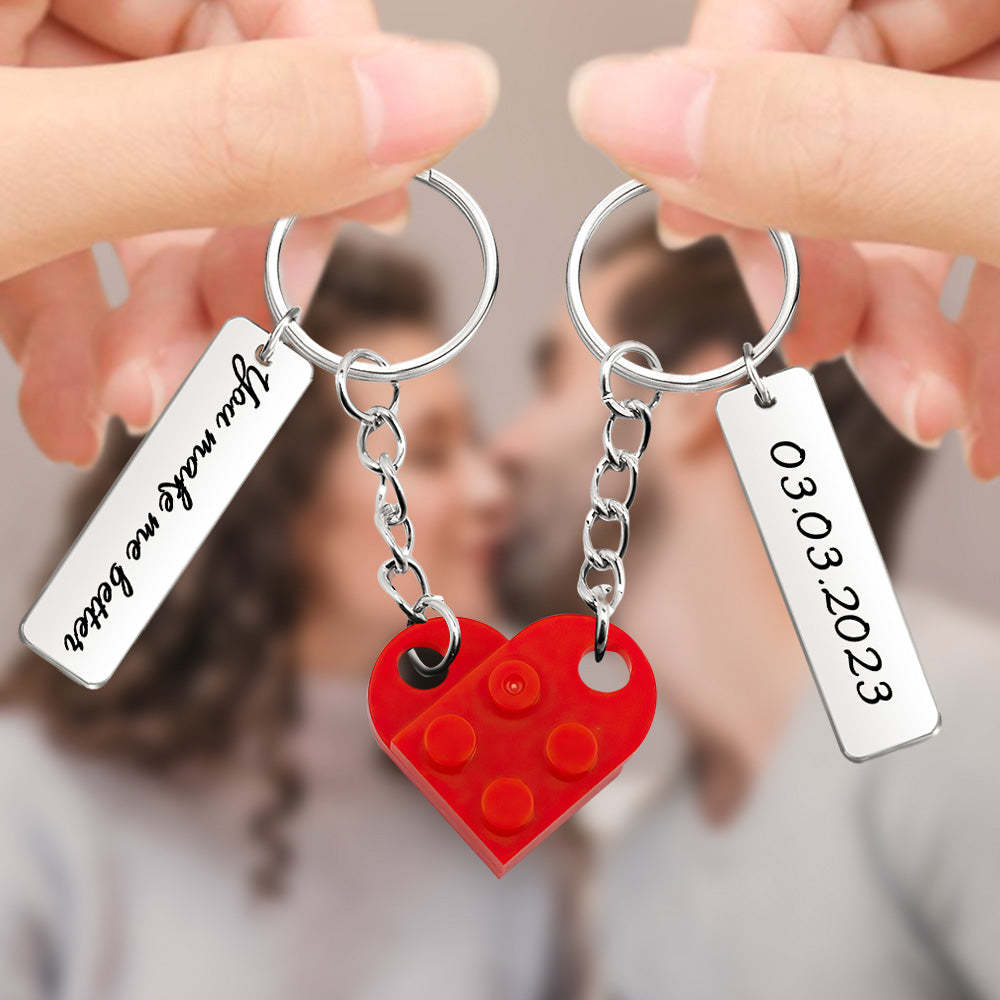Personalized Text Matching Couples Love Heart Bricks Keychain for Couples - yournamenecklaceau