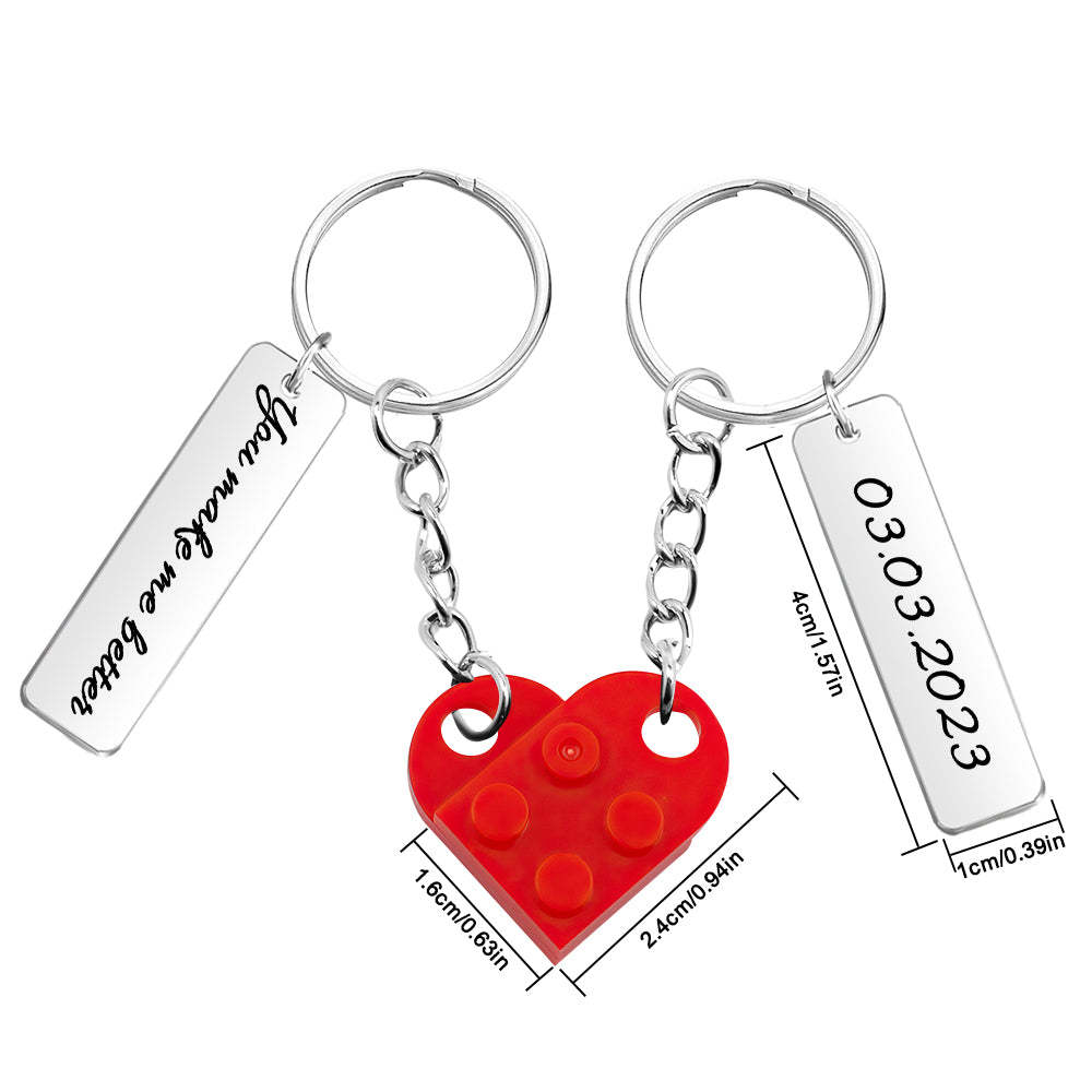 Personalized Text Matching Couples Love Heart Bricks Keychain for Couples - yournamenecklaceau