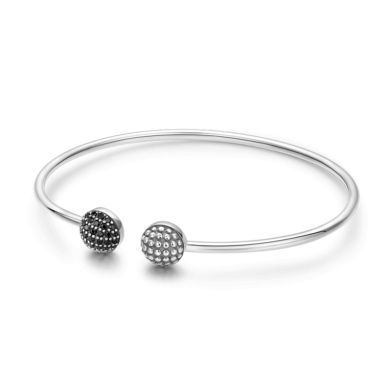 Pave Black CZ Ball Open Cuff Bangle Silver