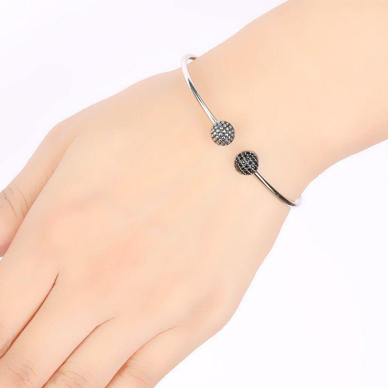 Pave Black CZ Ball Open Cuff Bangle Silver