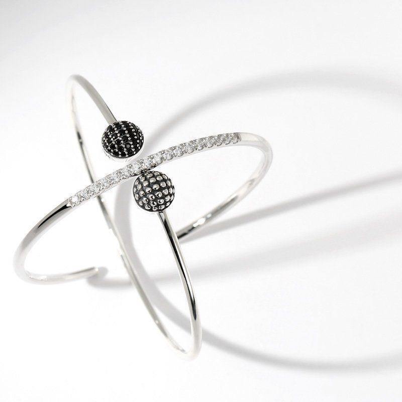 Pave Black CZ Ball Open Cuff Bangle Silver