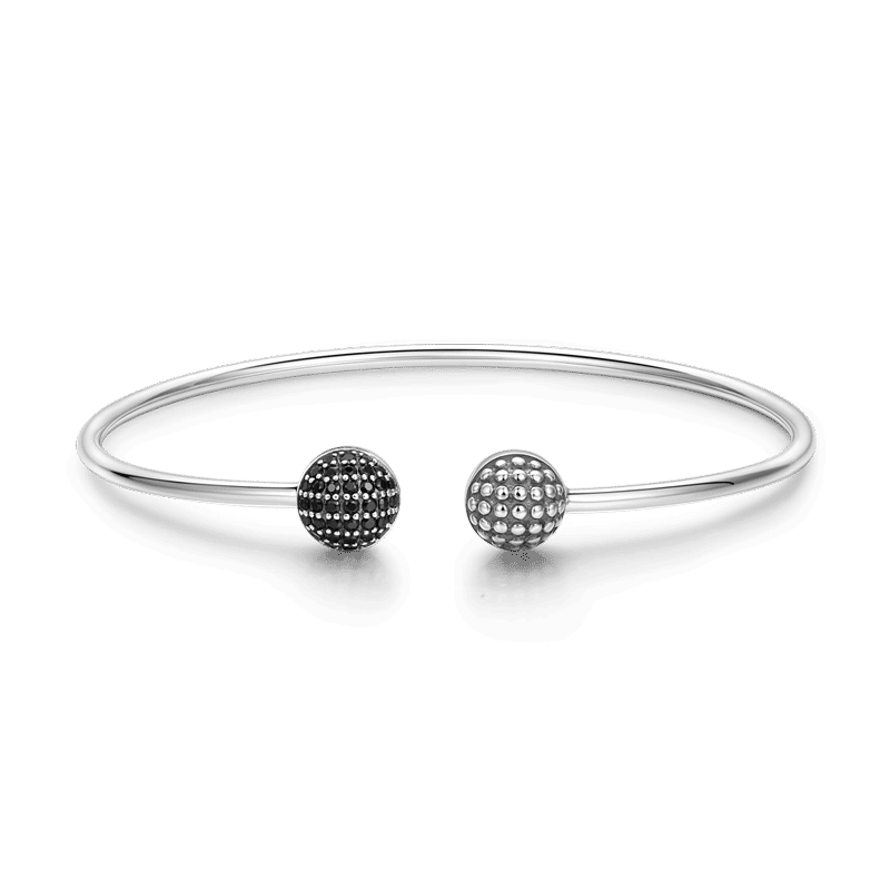Pave Black CZ Ball Open Cuff Bangle Silver
