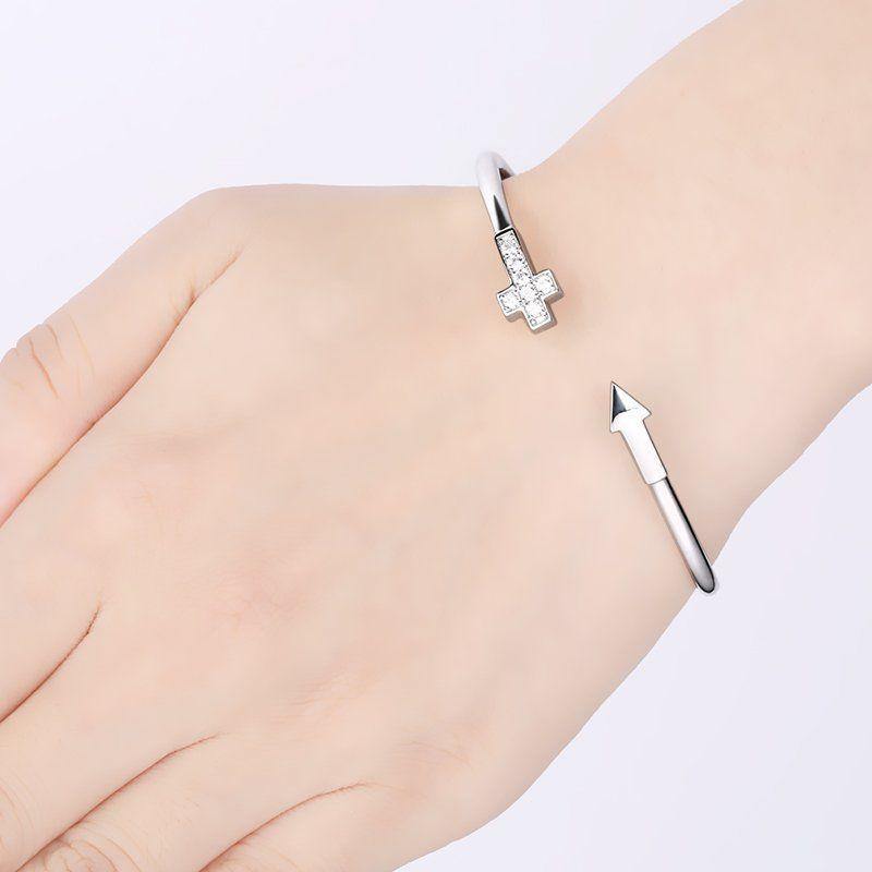 Cross Open Cuff Bangle with CZ Silver