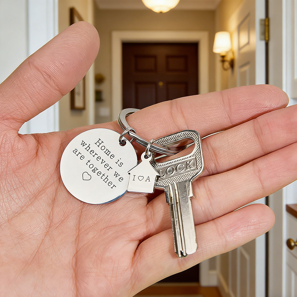 Personalized New Home Keychain Custom Couples Keyring Home is Wherever We Are Engraved Initial Keychain for Boyfriend Girlfriend - NameNecklaceAU