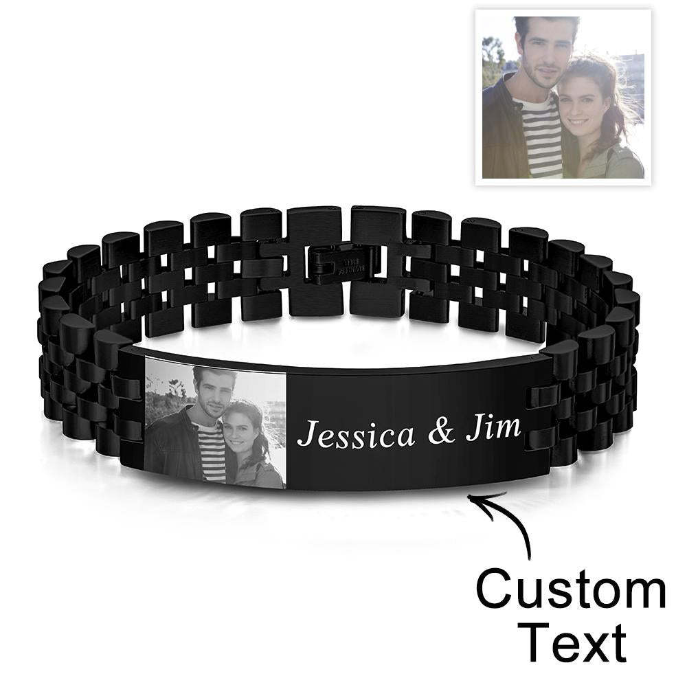 Personalized Photo Wide Bracelet With Text Engraved Vintage Bracelet Gifts For Him - yournamenecklaceau