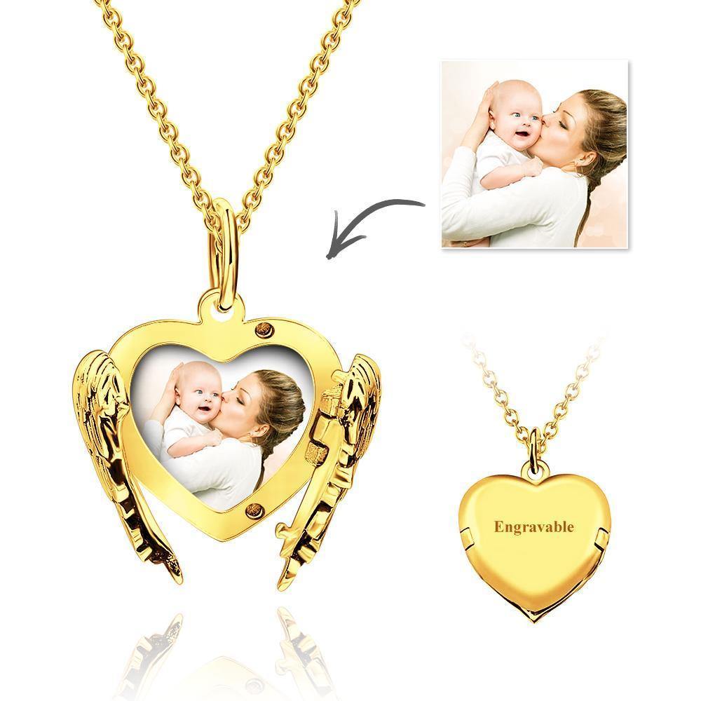 Custom Engravable Photo Locket Necklace Heart Angel Wings Gold Plated Silver Mother's Day Theme Gift - yournamenecklace