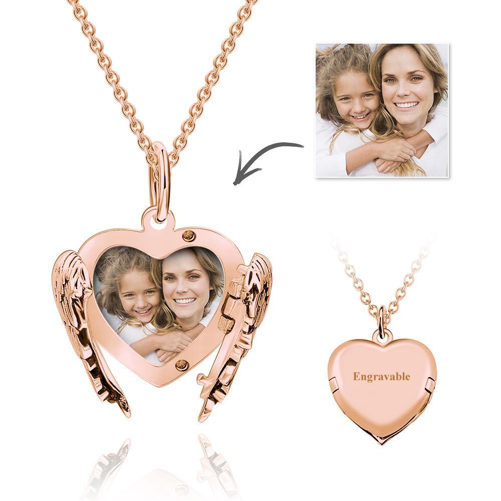 Custom Photo Locket Necklace With Engraving Heart Angel Wings Rose Gold Plated Mother's Gifts