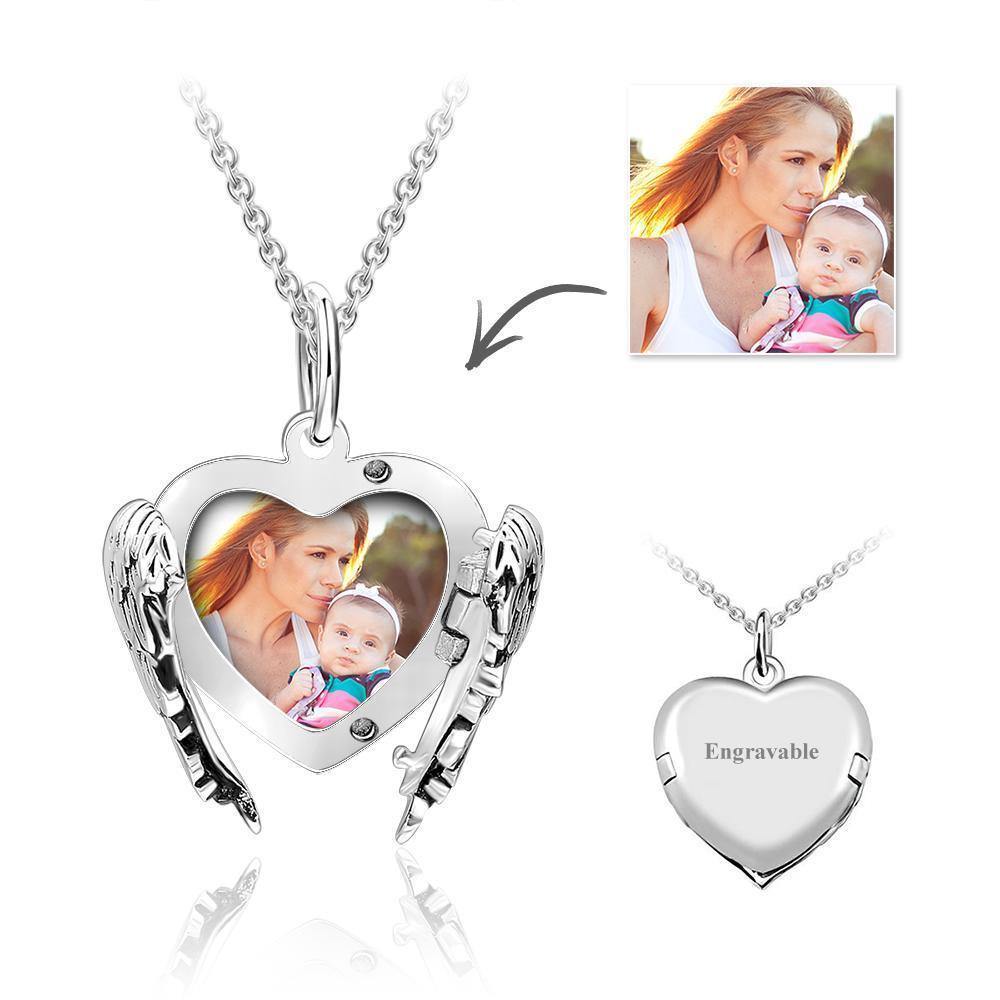 Custom Engravable Photo Locket Necklace Heart Angel Wings Gold Plated Silver Mother's Day Theme Gift - yournamenecklace