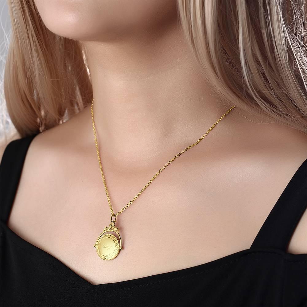 Vintage Embossed Mirror Photo Necklace 14k Gold Plated