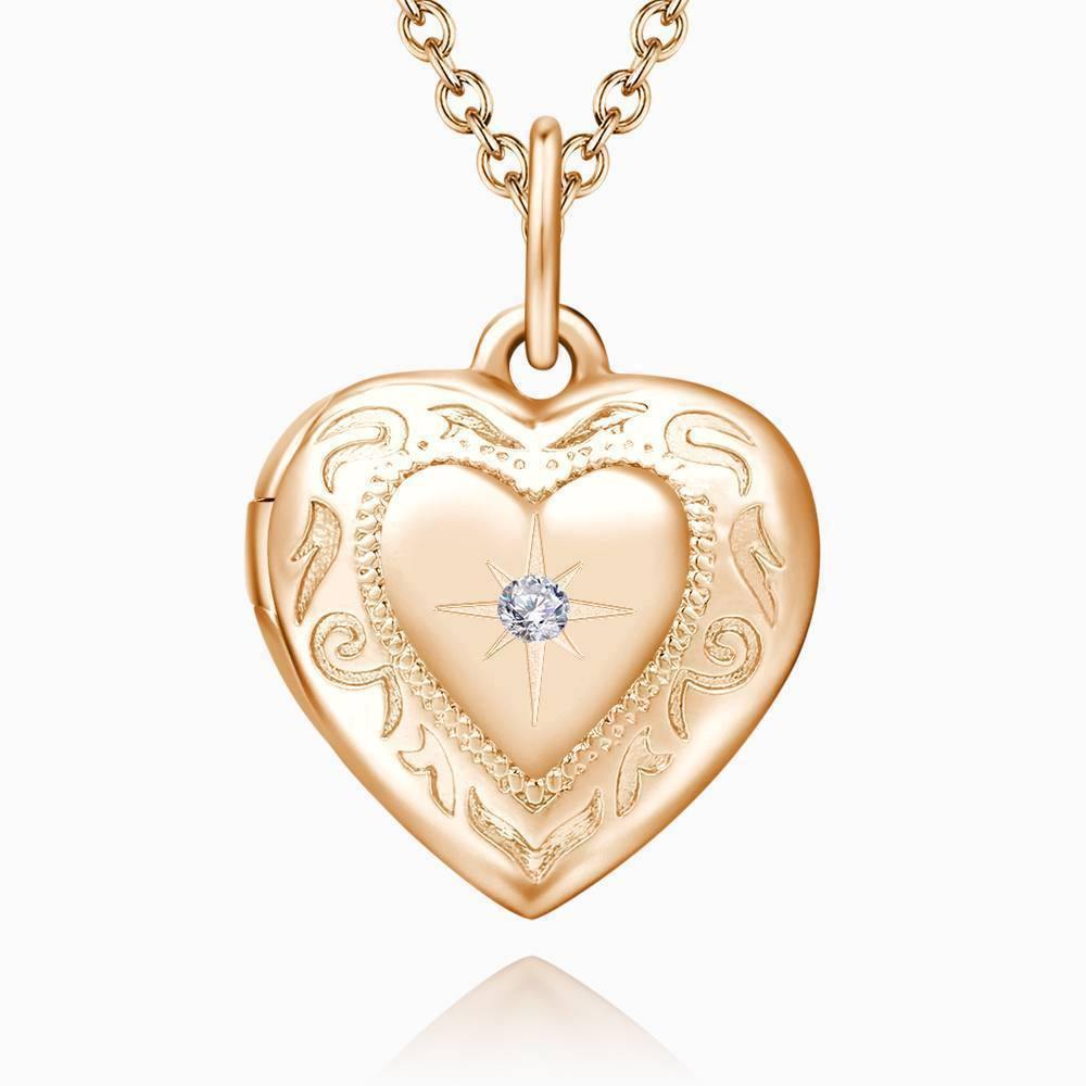 Embossed Printing Heart Photo Locket Necklace Rose Gold Plated - yournamenecklace