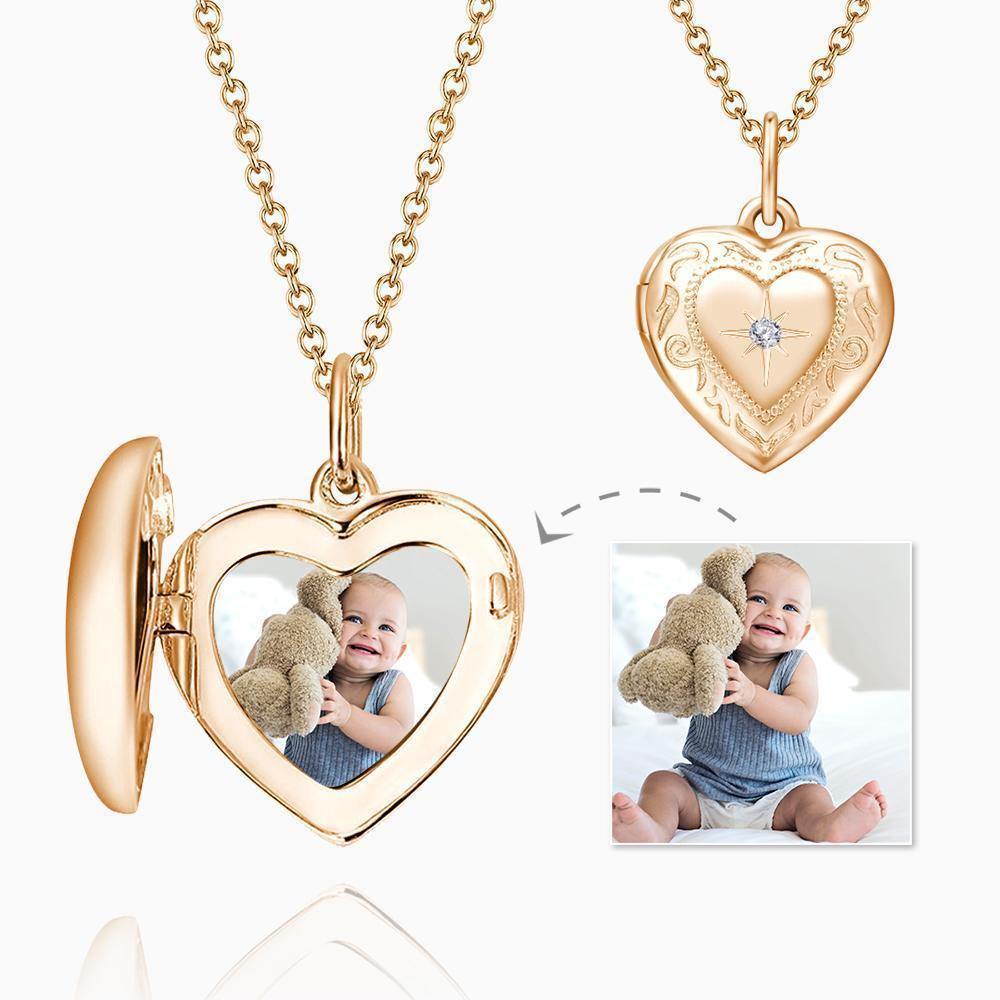 Embossed Printing Heart Photo Locket Necklace Rose Gold Plated - yournamenecklace