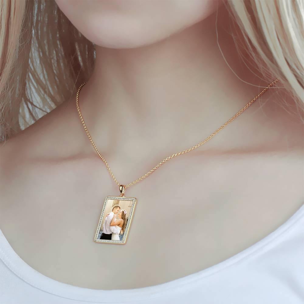 Photo Engraved Necklace Rhinestone Crystal, Photo Necklace Keepsake Gift 14K Plated Gold Golden - Colorful - yournamenecklace