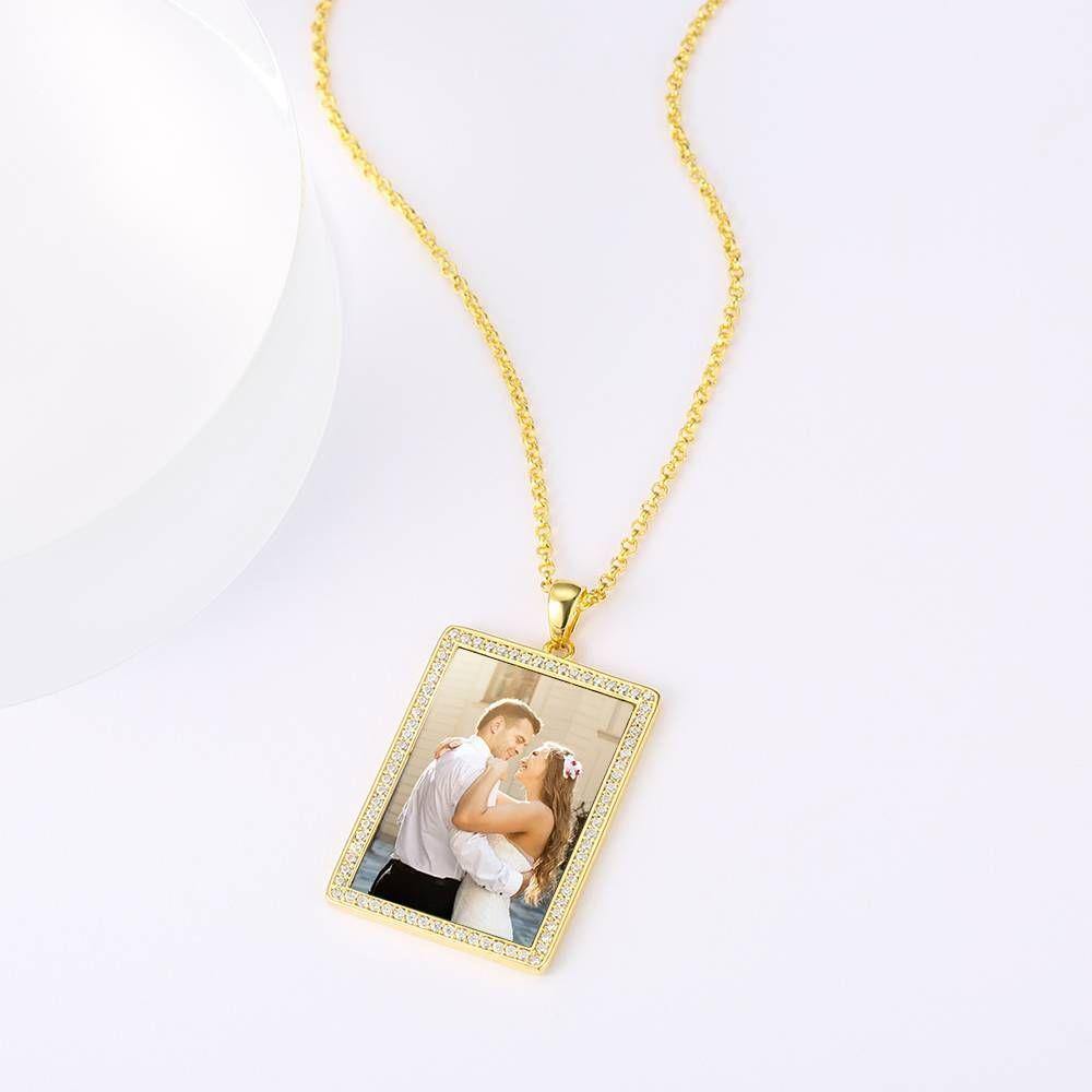 Photo Engraved Necklace Rhinestone Crystal, Photo Necklace Keepsake Gift 14K Plated Gold Golden - Colorful - yournamenecklace