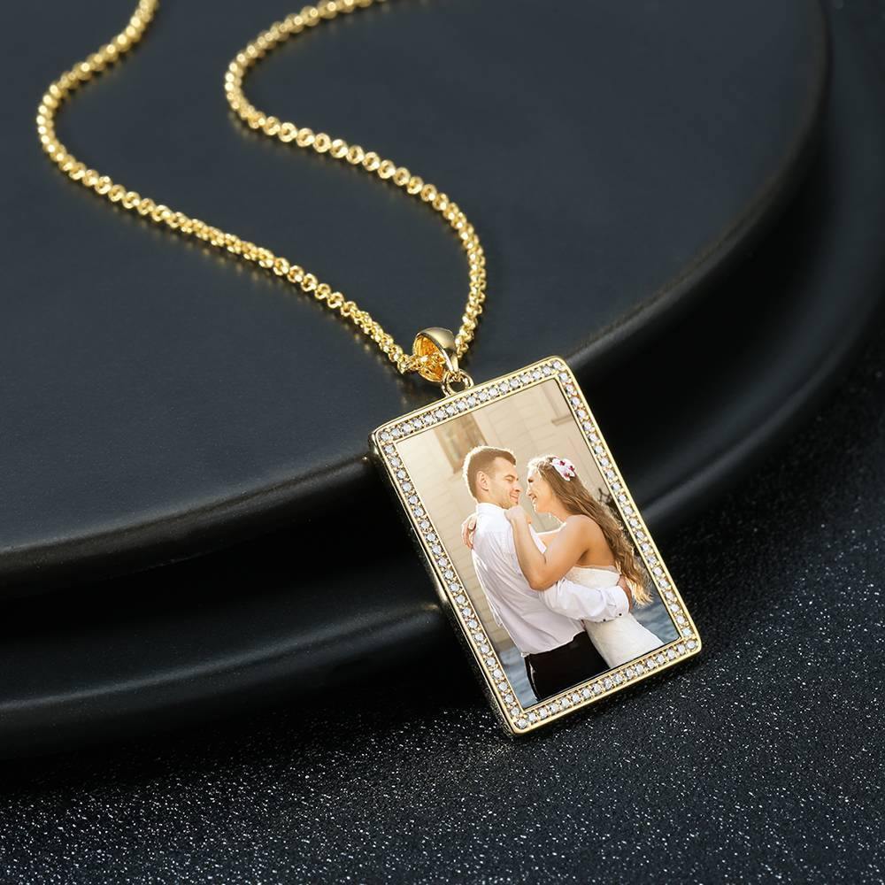 Photo Engraved Necklace Rhinestone Crystal, Photo Necklace Keepsake Gift 14K Plated Gold Golden - Colorful - yournamenecklace