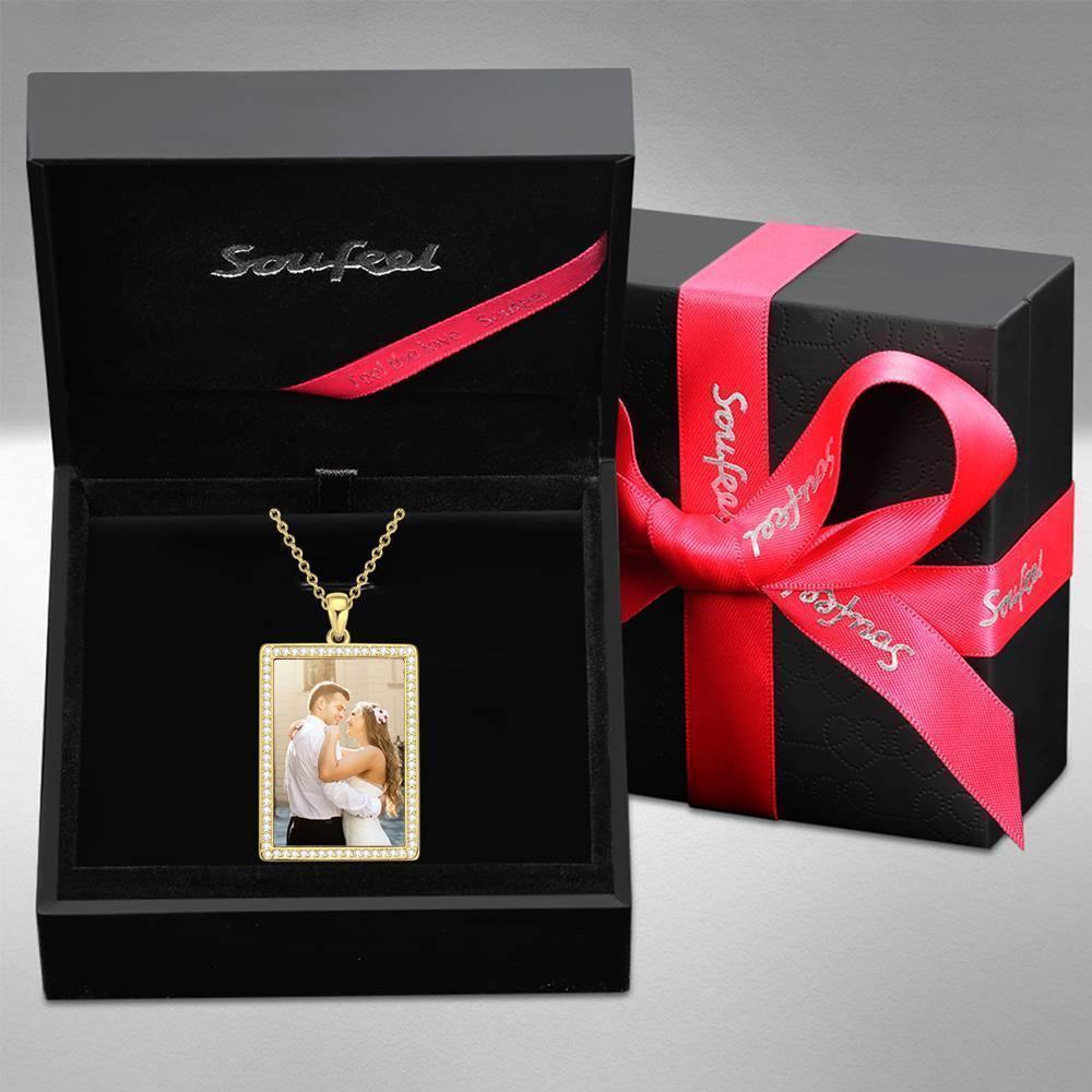 Photo Engraved Necklace Rhinestone Crystal, Photo Necklace Keepsake Gift 14K Plated Gold Golden - Colorful - yournamenecklace