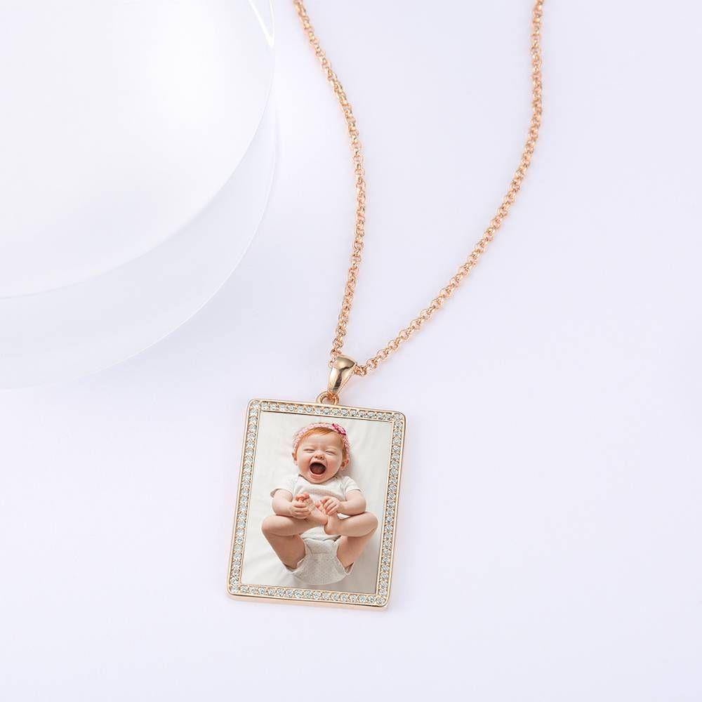 Photo Engraved Necklace Rhinestone Crystal, Photo Necklace Keepsake Gift Rose Gold Plated - Colorful - yournamenecklace