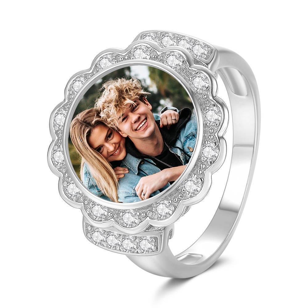 Photo Ring Round Photo with Zircon Mother's Gift Platinum Plated - yournamenecklaceus