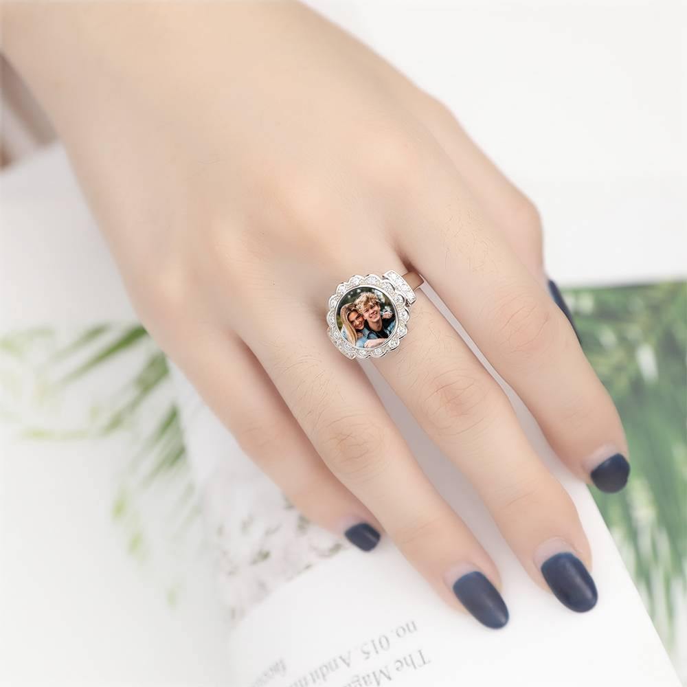 Photo Ring Round Photo with Zircon Mother's Gift Platinum Plated - yournamenecklaceus