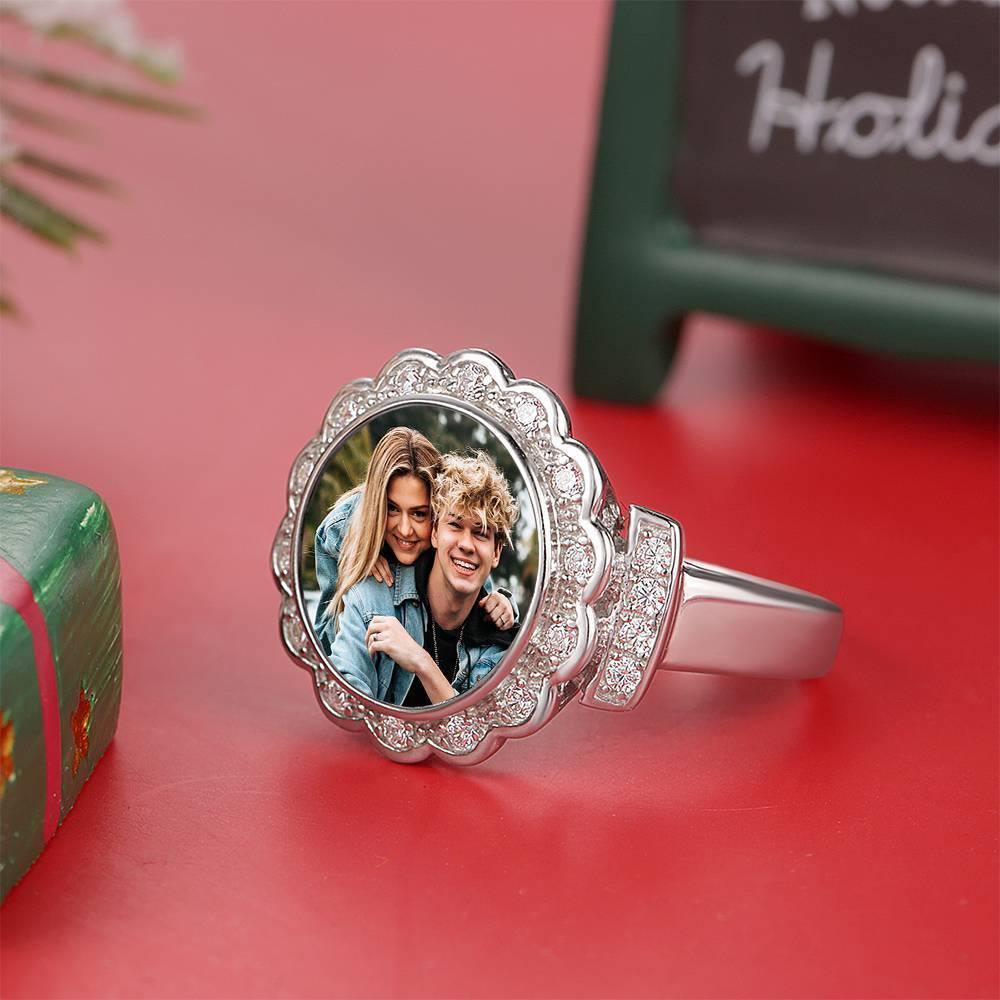 Photo Ring Round Photo with Zircon Mother's Gift Platinum Plated - yournamenecklaceus