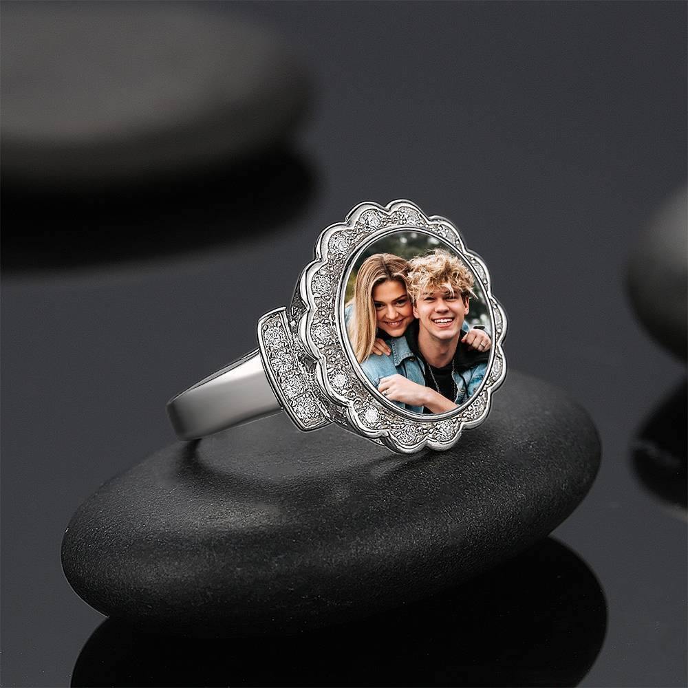 Photo Ring Round Photo with Zircon Mother's Gift Platinum Plated - yournamenecklaceus