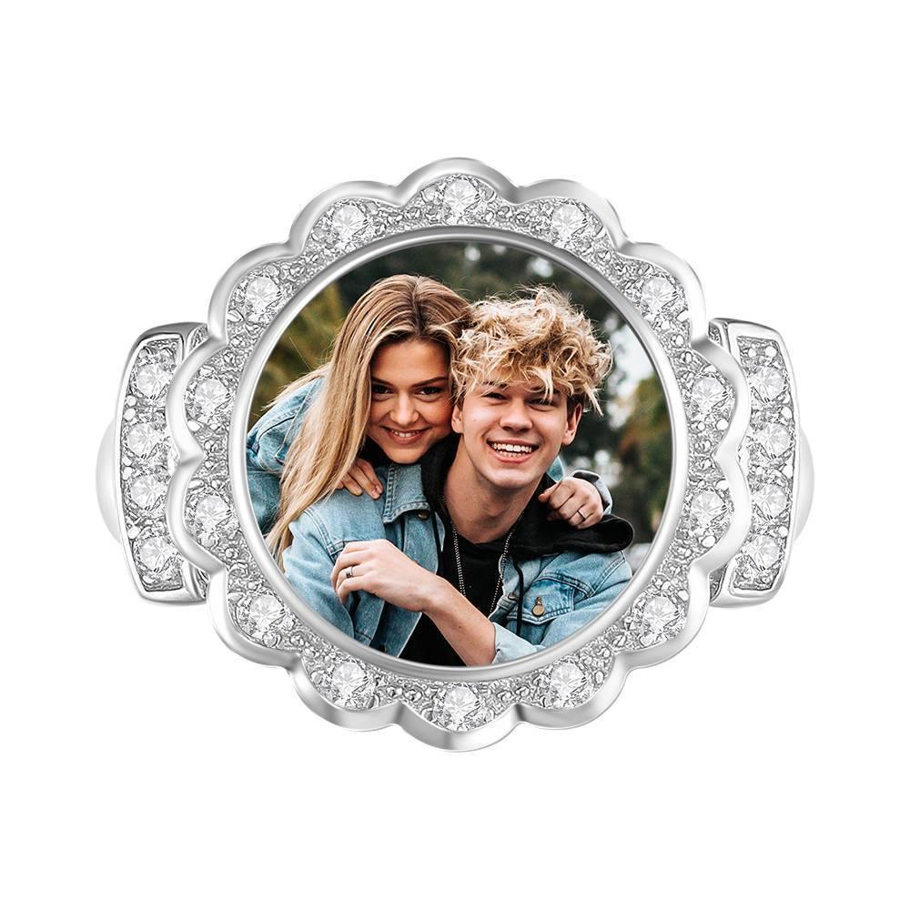 Photo Ring Round Photo with Zircon Mother's Gift Platinum Plated - yournamenecklaceus