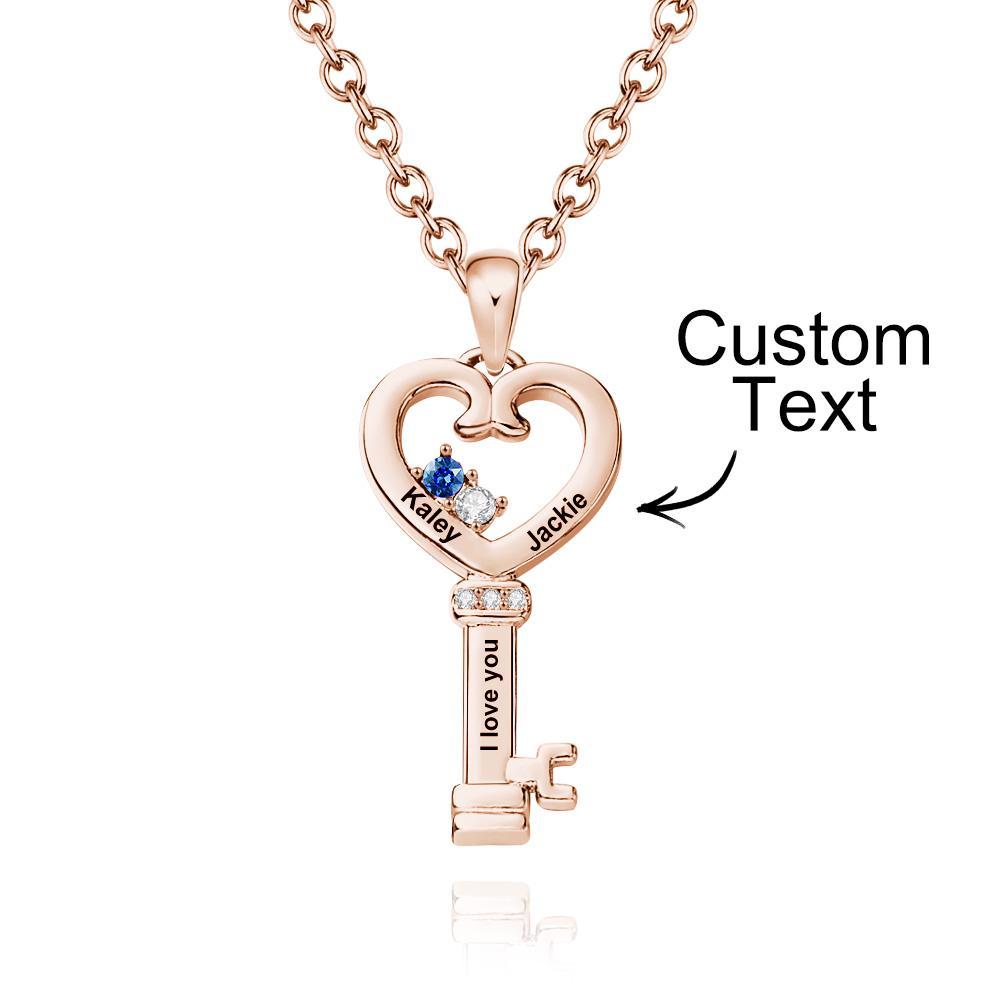 Personalized Key Diamonds Necklace With Text Love Heart Pendant Gift For Her - yournamenecklaceau