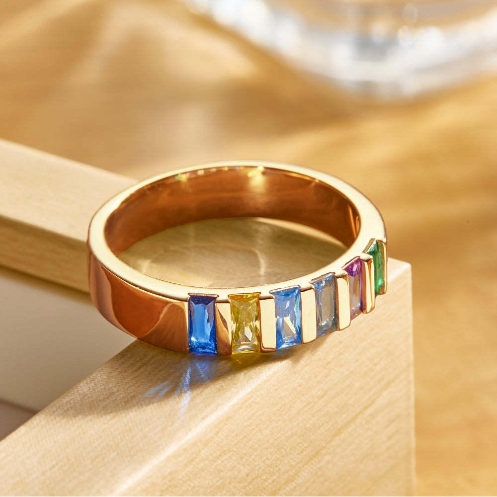 Custom Baguette Birthstone Ring 18k Gold Plated Personalized Family Ring Gift For Her - yournamenecklaceau