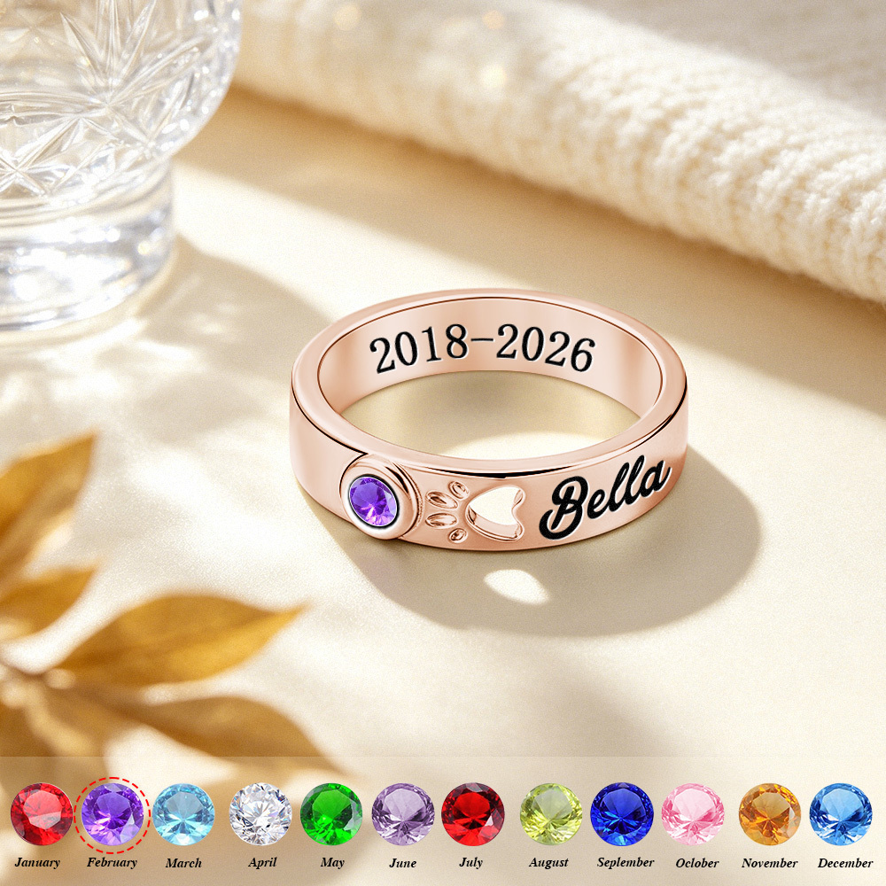 Personalized Pet Memorial Ring with Birthstone – Custom Engraved Remembrance Jewelry - NameNecklaceAU