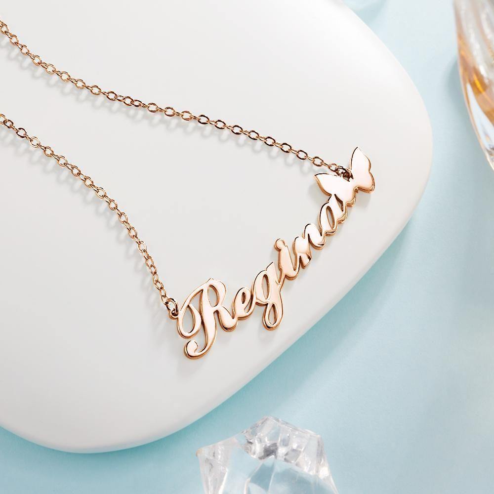 Name Necklace with Butterfly Pendant Christmas Gifts Rose Gold Plated - yournamenecklace