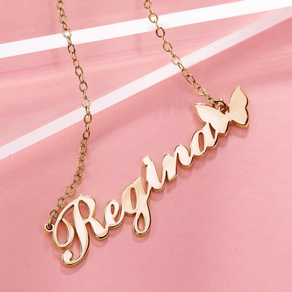 Name Necklace with Butterfly Pendant Christmas Gifts Rose Gold Plated - yournamenecklace