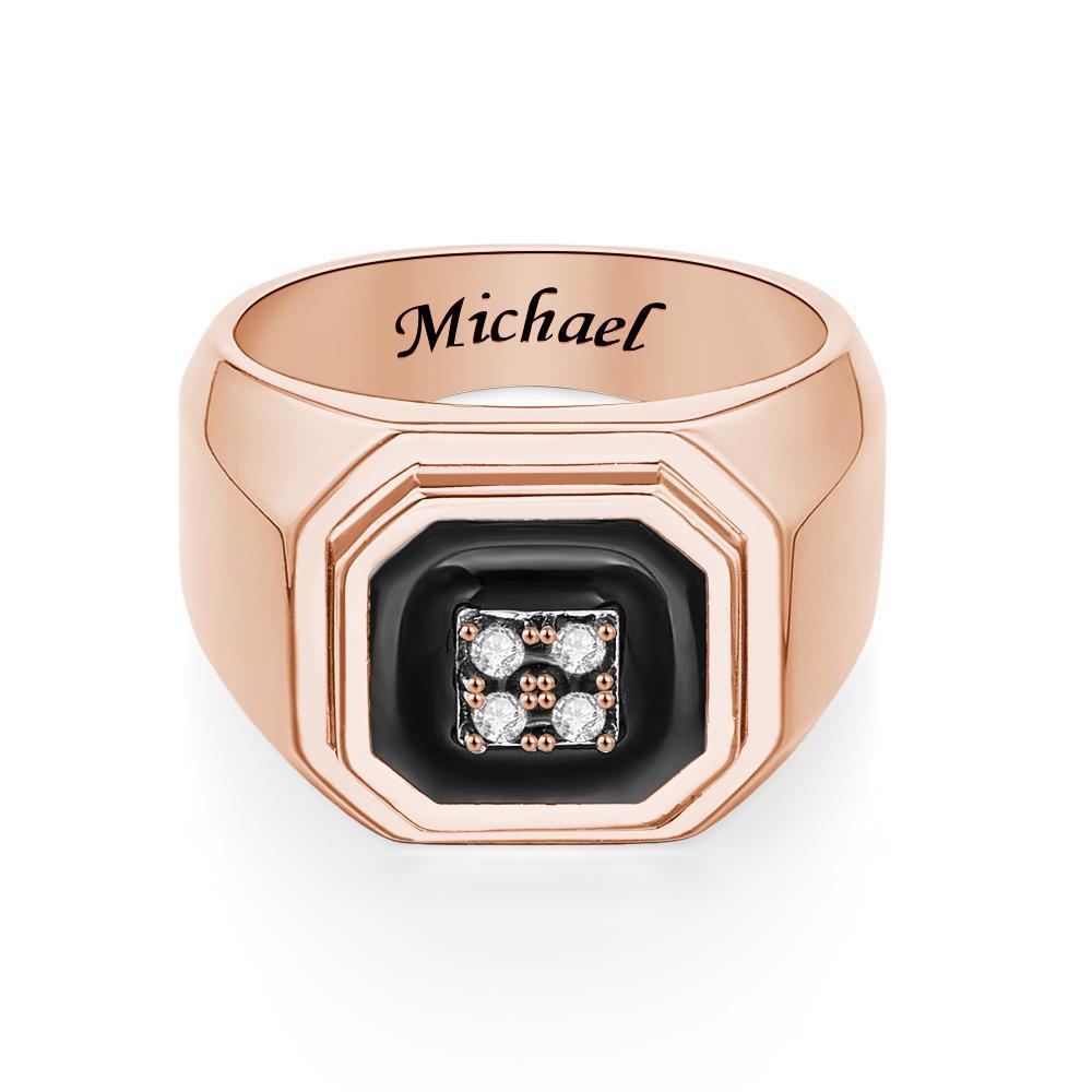 Engraved Ice Ring Black Decor Bright Stone Jeweley Ring For Men - yournamenecklaceau