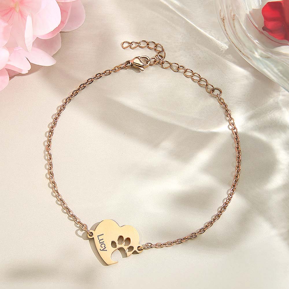 Personalized Heart Paw Print Bracelet – Custom Pet Name Jewelry for Pet Lovers
