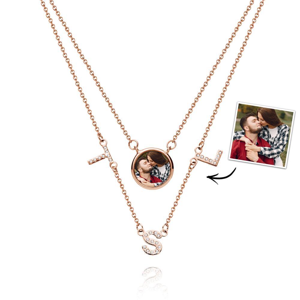 Double Chain Set Personalized Photo Necklace with Your Initial Gift for Her - yournamenecklaceau