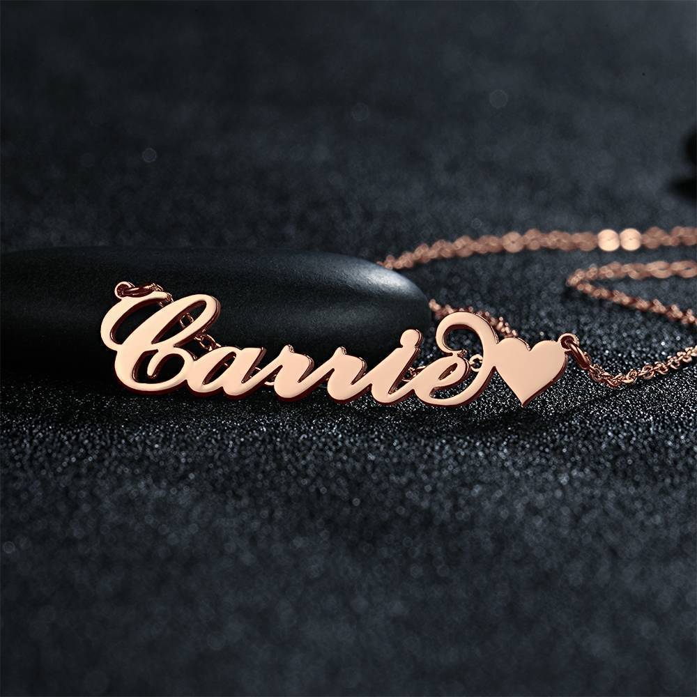 Carrie Style Name Necklace with Little Heart Girlfriend's Gift Rose Gold Plated Silver