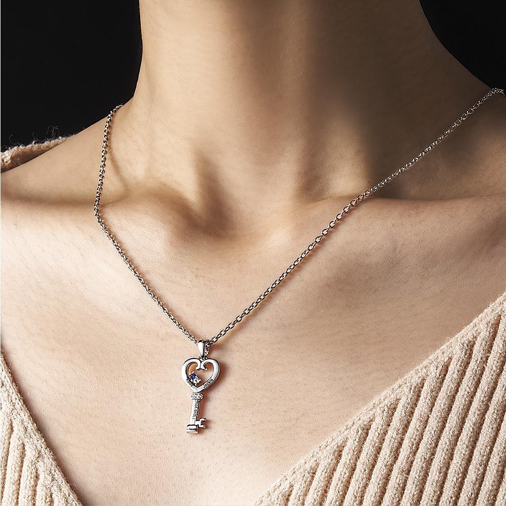 Personalized Key Diamonds Necklace With Text Love Heart Pendant Gift For Her - yournamenecklaceau