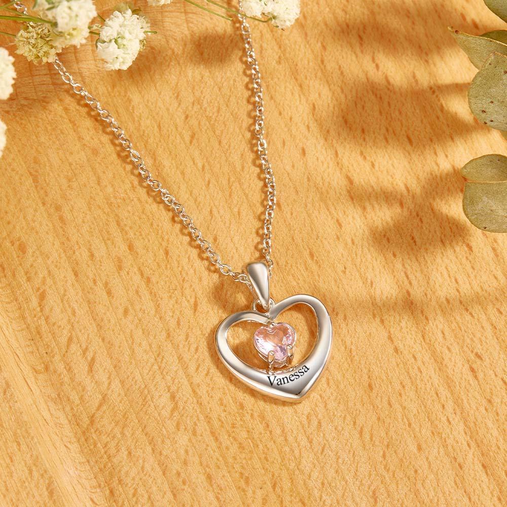 Personalized Birthstone Necklace With Text Hollow Cut Heart Pendant Gifts For Her - yournamenecklaceau
