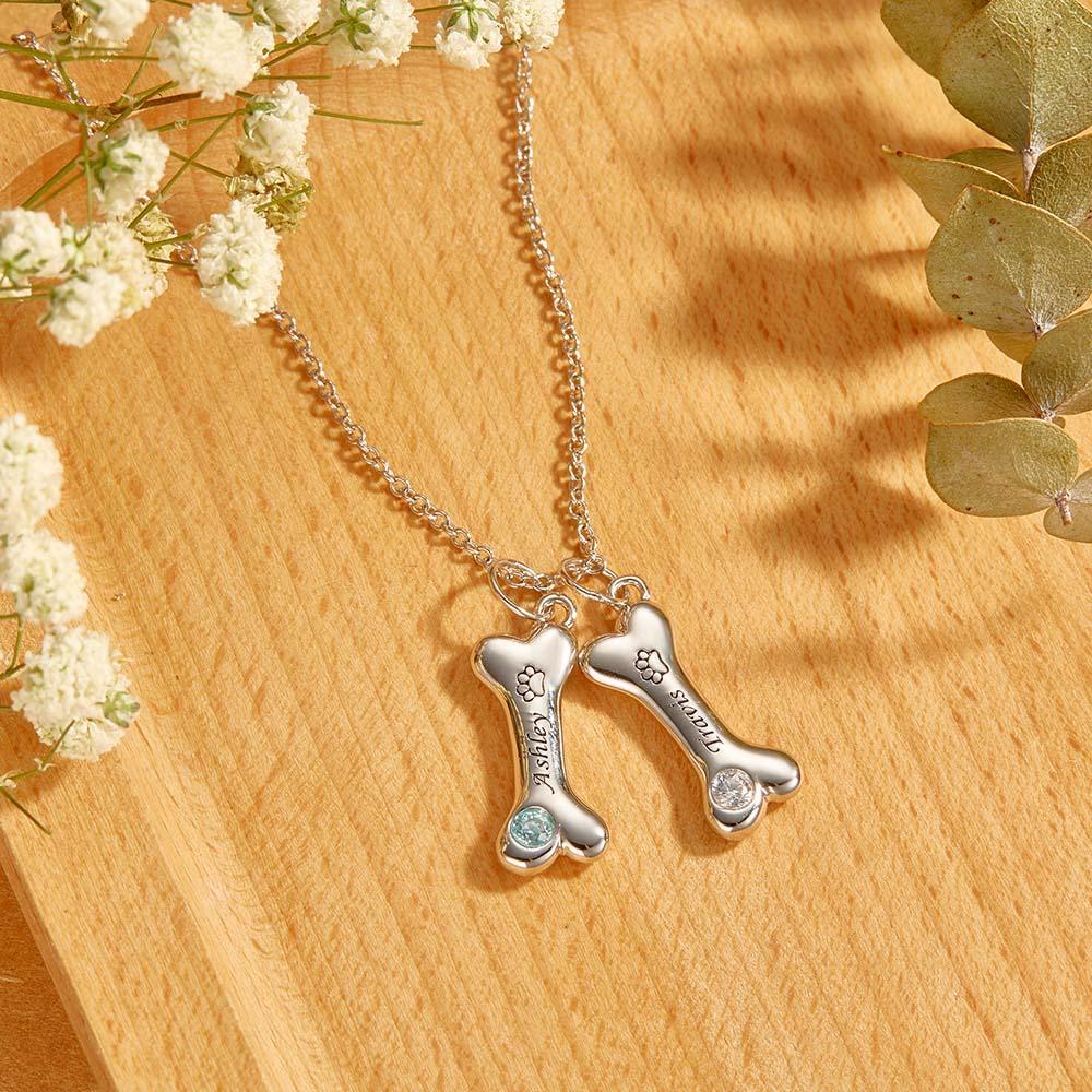 Engravable Bone Necklace With Birthstone Custom Pet Paw Pendant Gift For Pet Lovers - yournamenecklaceau